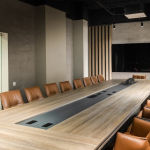 Large corporate boardroom with leather seats